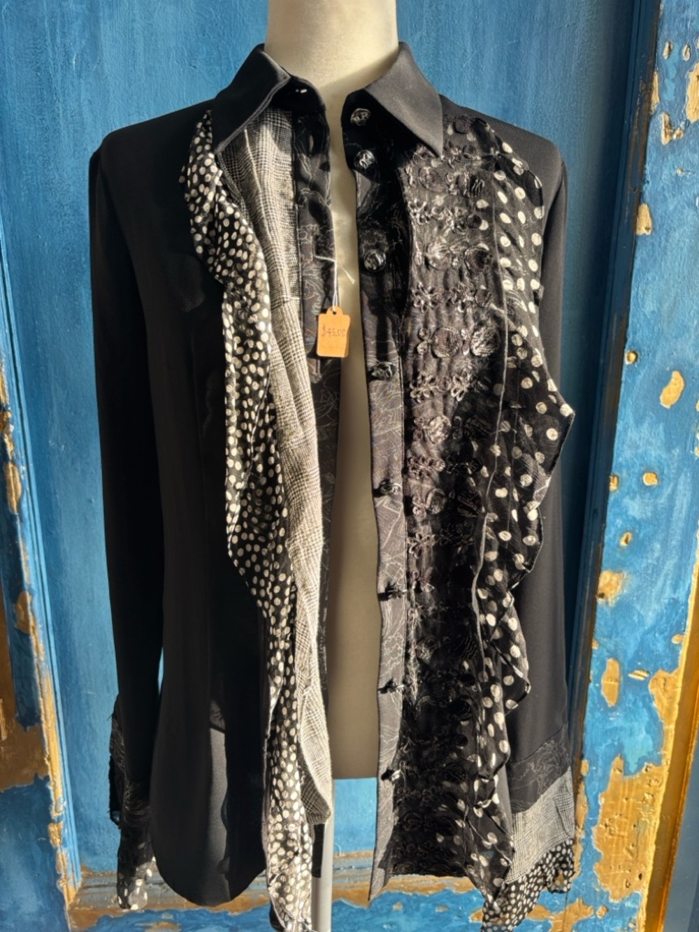 Black Ruffled Polka Dot Accent Blouse